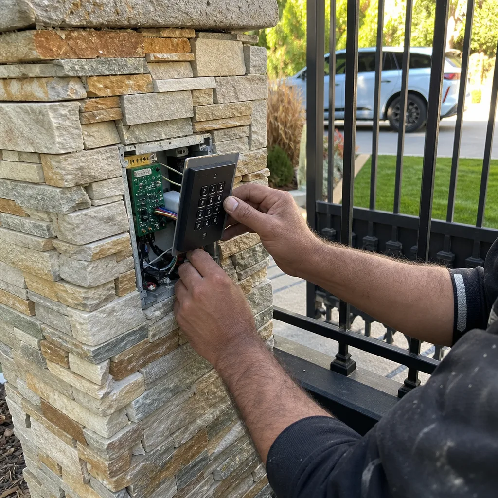 Technician installing gate access control keypad on stone pillar